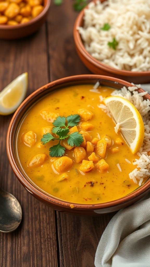 A bowl of Gujarati dal with coriander garnish, served with rice and lemon on a wooden table.
